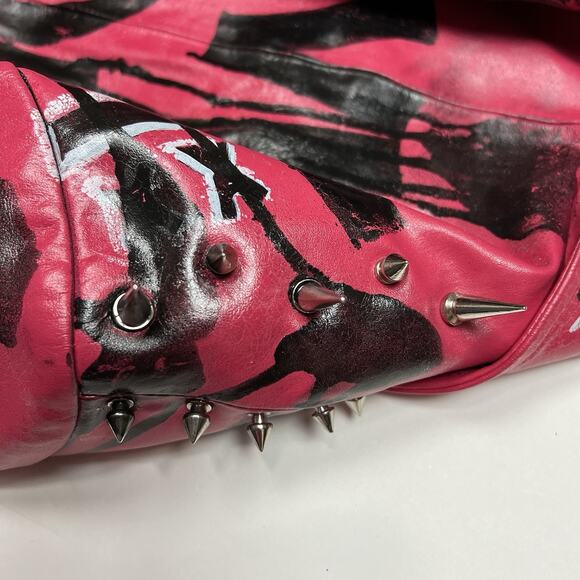 Red Faux Leather Graffiti Jacket Spikes Punk Indie Artist Streetwear OOAK Alt M - Picture 4 of 8